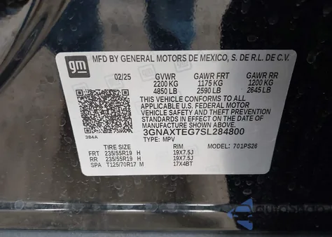 2025 Chevrolet Equinox Awd Rs z USA, uszkodzony, nr VIN 3GNAXTEG7SL284800